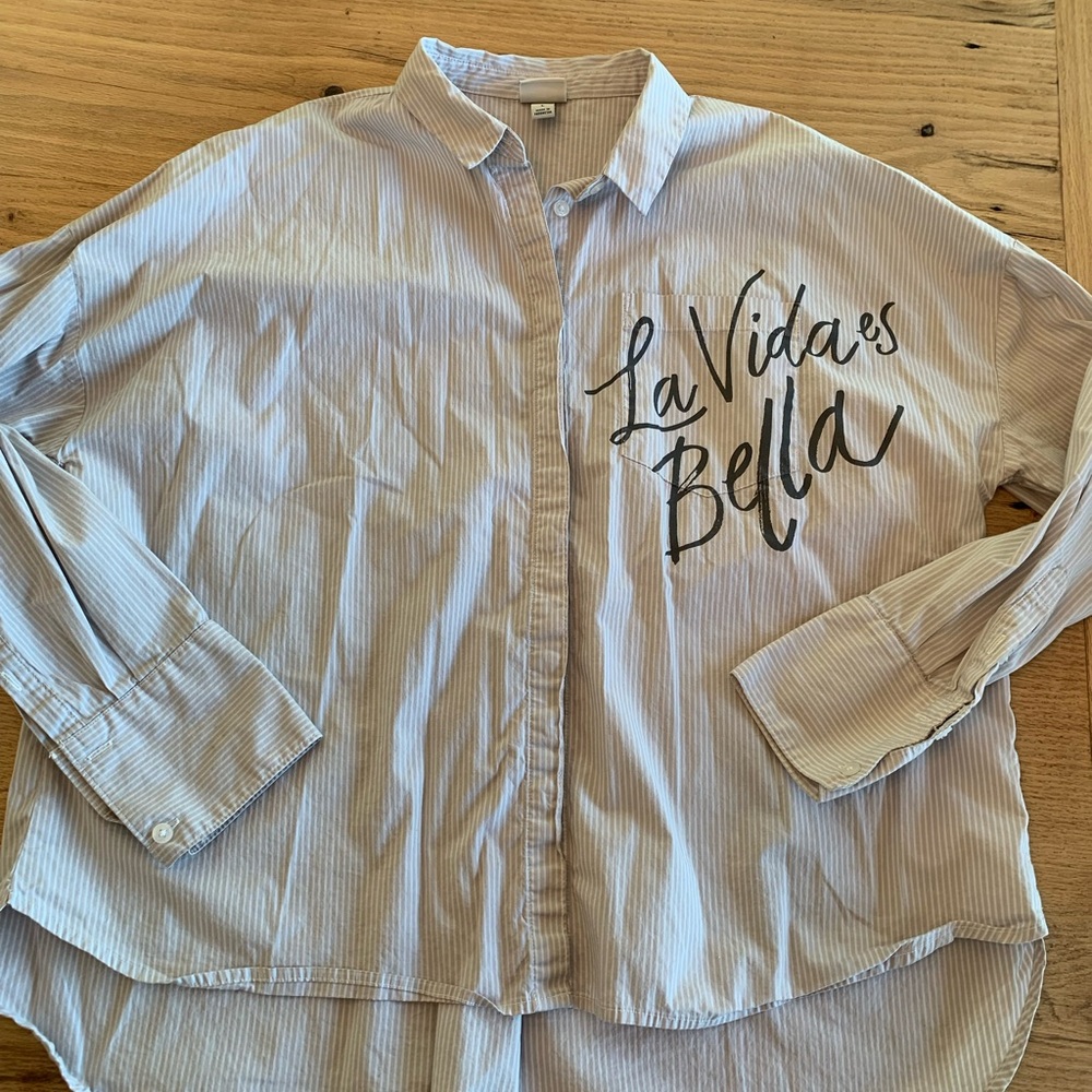 A new day Cotton Button Down La Vida es Bella Long Sleeve‎ Shirt Women’s L pre